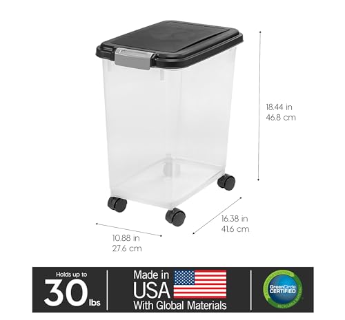 IRIS USA Contenedor Hermético WeatherPro, hasta 13.6 Kg, con ruedas, Ideal para perros, gatos y aves, Mantiene la frescura, translúcido y libre de BPA, Negro