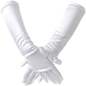 Simlehouse Flower Girl White Pearls Satin First Communion Party Wedding Long Gloves White Large