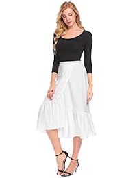 Shine damaes cintura alta Split Front Slim Fit Ruffles dobladillo asimétrico Falda Midi, L, Blanco