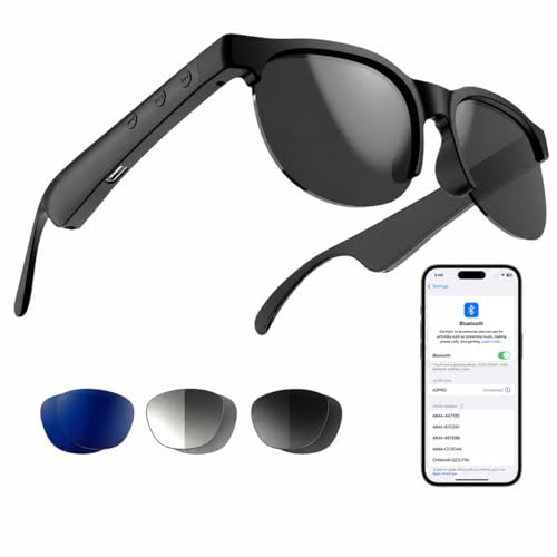 Lentes Inteligentes con Bluetooth 5.4 y Sonido de Oído Abierto, 3 Lentes Intercambiables UV400(Azul, Negro y Transparente Fotocromático) Manos Libres con Micrófono, Diseño Deportivo Ligero, 10H Música