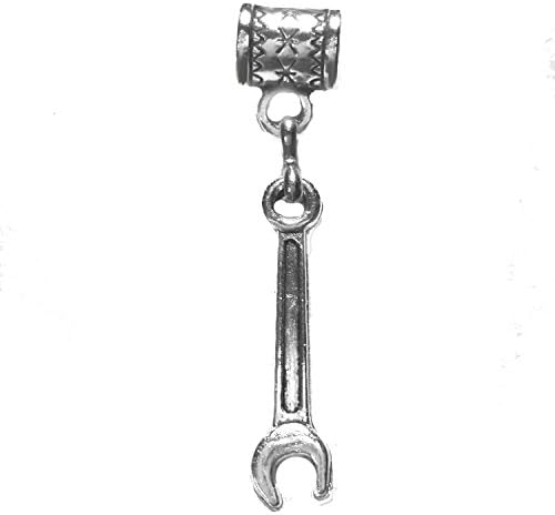 "Wrench charm" in antique silver by Mossy Cabin for modern large hole snake chain charm bracelet, or add to a neck chain, pendant necklace or key chain. Great gift for a carpenter or woodworker.