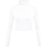 Herou Women Long Sleeve Crop Top Turtleneck Soft Lightweight Basic Slim Fit Tops