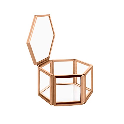 Koyal Wholesale Modern Rose Gold Geometric Hexagon Glass Ring Box, 3 x 1.5 inch Terrarium for Proposal, Engagement, Wedding Ceremony, Ring Bearer, Gift, Keepsake, Jewelry Organizer Display Case - Thumbnail 2