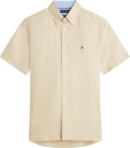 Uomo Camicia Linen Blend Solid Maniche Corte, Beige (Sandalwood), M