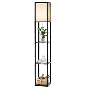 COSTWAY Staande lamp met houten legplanken, 2-in-1 vloerlamp met 3-laags planken, binnenverlichting met E27-fitting tot…