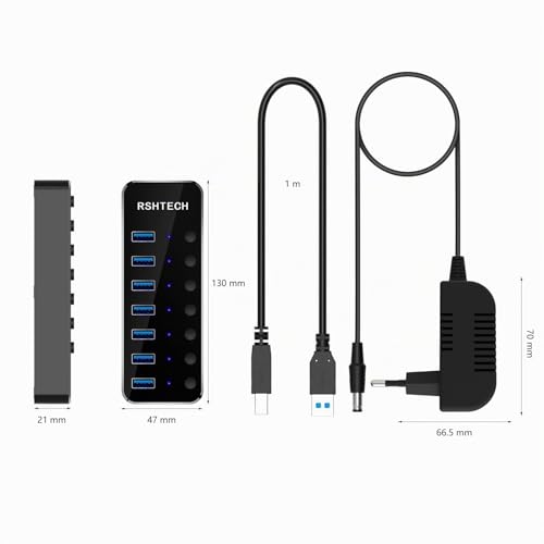 RSHTECH USB 3.0 Hub Powered with 10W Power Supply USB 3.0 Hub 7 Ports Aluminium Distributor USB 3.0 Port with 5V/2A Power Adapter and Individual On/Off Switch (RSH-518)
