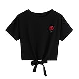 Sumen Teen Girls Embroidered Rose Appliques Short Sleeve Casual Strap Shirt