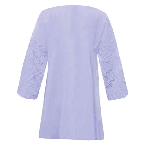 Women 3/4 Sleeve V Neck Hollow Out Floral Print Shirt Tops Long Blouse Tee Lace Patchwork T-Shirt Purple - Thumbnail 3