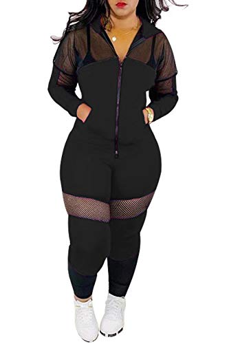 Womens Sexy Mesh Patchwork Zip Up Hoodie Jacket Two Piece Outfits Skinny Long Pants Clubwear Tracksuit Sportswear Set (Black, L)