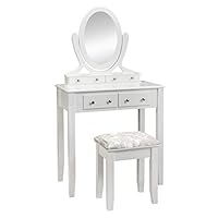 BWM.Co Vanity Table Set with Oval Mirror 4 Drawers Wood Makeup Dressing Bedroom Table Set Cushioned Stool for Girls Whit