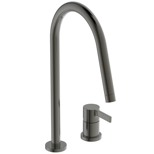 Ideal Standard – Gusto 2 Hole Kitchen tap, High spout with Round Design, with FirmaFlow Cartridge, 360° Swivel spout, Screw Connection from Below, PVD Finish, Magnetic Grey