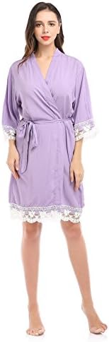YueQiW Women's Soft Cotton Robe For Bride and Bridemaid With Floral Lace Nightwear(Small,Light-Purple)