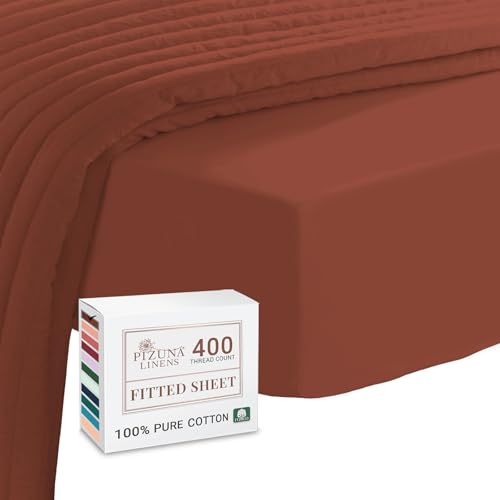 Pizuna 100% Cotton Fitted Sheets King Size Brick Red, 400 Thread Count Long Staple Cotton King Size Fitted Sheet 160x200 cm, Sateen Weave 40 cm Deep Fitted King Size Sheet 1 PC
