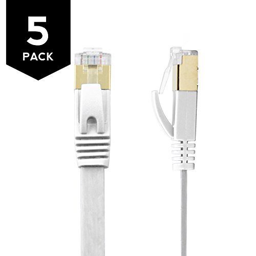 Buhbo 6 inch (0.5 ft) CAT7 Flat Ethernet Cable Shielded STP Network Snagless Cable RJ45 Cat 7 (5-Pack) White