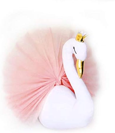 Cute 3D Golden Crown Swan Wall Art Hanging Girl Swan Doll Stuffed Toy Animal Head Wall Decor For Kids Room Birthday Gift - White & Pink