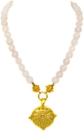 Susan Shaw 24k Handcast Gold Plated Bee and Rose Quartz Beaded Necklace, 17" + 3" Ext.