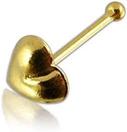 14K Solid Yellow Gold Plain Emboss Heart Ball End Nose Pin Body Jewelry