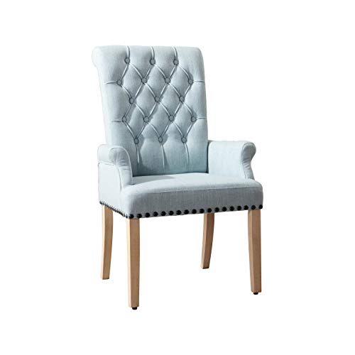 Accent Dining Chair Tufted Fabric Nailheads Trim Solid Wood Set (Blue+A