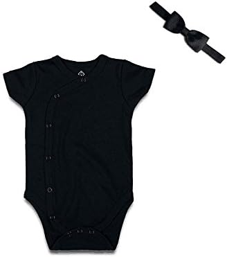 Baby Bodysuit Kimono Shirt Sunsuit Romper & Headband Set Black Short -Sleeve