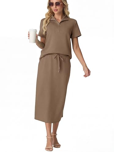 GRECERELLE Tracksuit Full Set for Women Summer Loungewear Sets for Women Two Piece Outfits Short Sleeve Half Zipper Casual Tee and Midi Skirt with