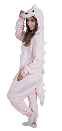 Adult Onesie Dinosaur Animal Pajamas Comfortable Costume With Zipper and Pockets (Large, Pink Plush)