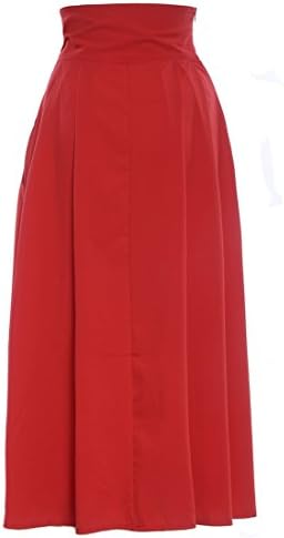 HowFitU Women's Red High Waist Plain Flare Pleated Skater Midi Skirt with Pocket