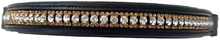 Horse Size Leather English Bridle Browband with Clear and Gold Crystals (Black)