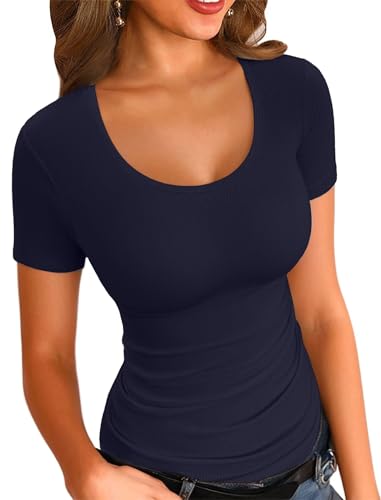Vichyie Women's Scoop Neck Ribbed Short Sleeve Top