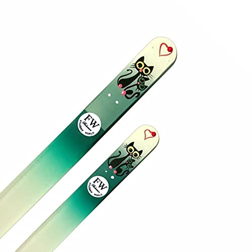 Crystal Glass Nail Files Hand Painted - Gift Set of 2 Cats - Original Czech Product for natural and acrylics nails (green/white)