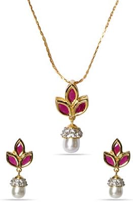 Sempre London "The Royal Designer Piece" AAA Swiss Austrian Zircon 18k Gold Two Tone Plated Designer Pink Marquise Pendant with Designer Earrings for Women &amp; Girls... For those Royal Looks...