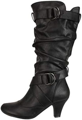 Women Mid Calf Mid Heel Boot Faux Leather Riding Winter Boots with Buckle Strap by Lowprofile Black