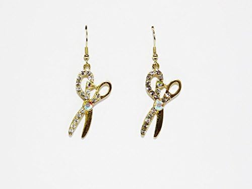 Gold Tone Scissors with AB Rhinestones Dangle Earrings Hair Stylist Accessories