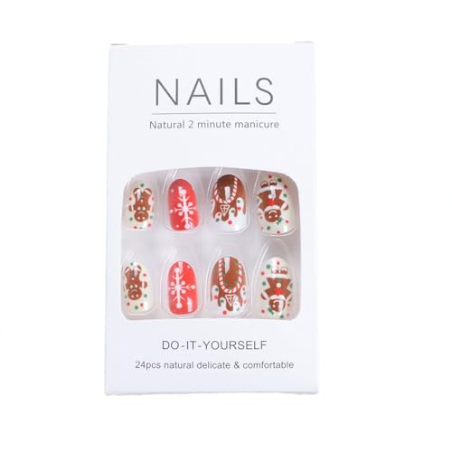 Christmas Press on Nails Short Almond Fake Nails with Gingerbread Man Designs Nails Press Ons Snowflake Glue on Nails Full Cover False Nails Christmas Acrylic Nails for Women 24Pcs - Image 5