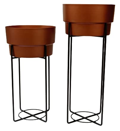 Truphe Copper Centuria Metal Plant Pot Set | Indoor Round Planter with Metal Stand (Set of 2)