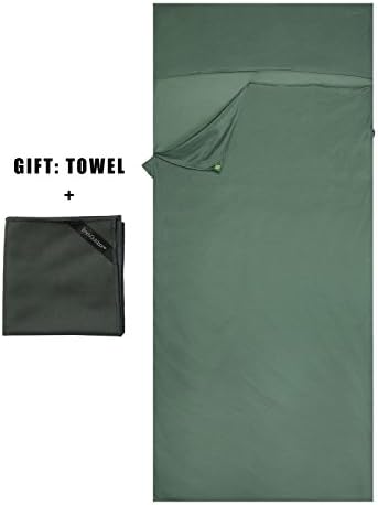 Emins Outdoor Silk Sleeping Bag Liner Single Compact NaturalSleepsack Rectangle Sheet Liner with One Towel, Green