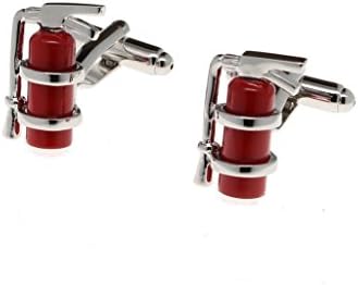 Mens Cuff Links Silver and Red Mini 3D Fire Extinguisher Emblem Fashion Jewelry