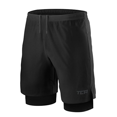 TCA Mens Ultra 2 in 1 Running Shorts with Inner Compression Short and Zip Pocket - Black / Black, L