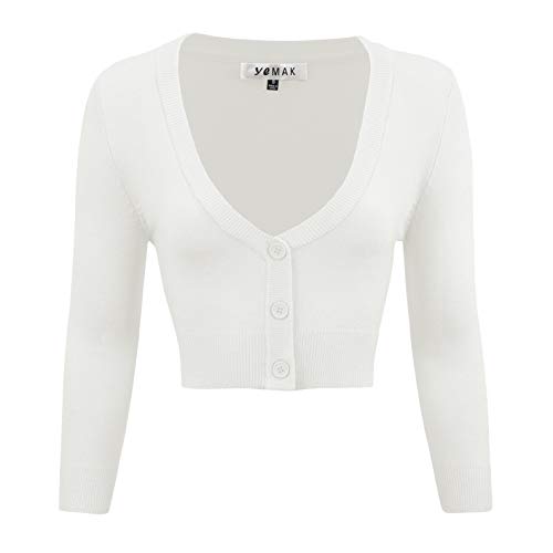 Women's Cropped 3/4 Sleeves Cardigan Sweater Vintage Inspired Pinup CO129-WHT-1X White - Thumbnail 6