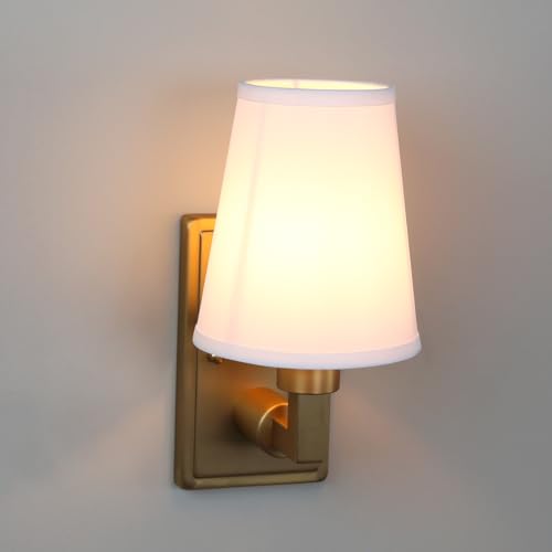 Permo Vintage Industrial Wall Sconce Indoor Wall Light Fixture with Flared Funnel Fabric Shade Nightstand Lamp for Bedroom Bedside Reading Living Room (White)