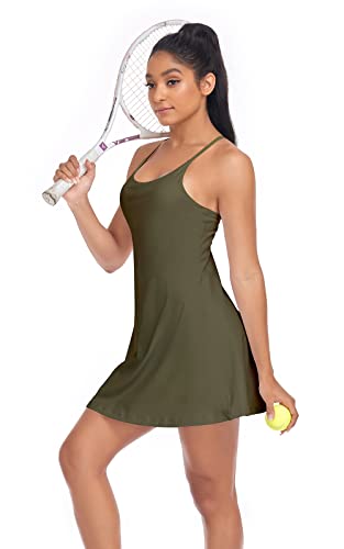 Women's Tennis Dress, Athletic Workout Sports Golf Dresses with Built-in Bra & Shorts Exercise Dresses for Women Military Green