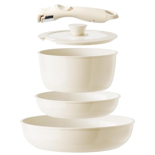 Redchef Ceramic Pan Set with Removable Handle, 5-Piece Pots Removable Handle Induction, Space-Saving Cookware (PTFE-Free, PFAS-Free, PFOA-Free), Oven & Dishwasher Safe