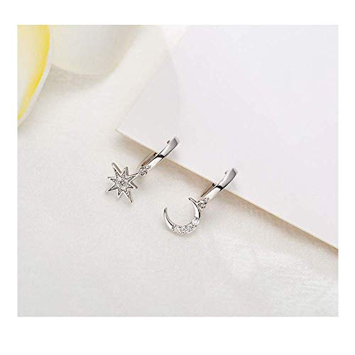 CZ Moon Star Dangle Small Hoop Earrings for Women Girls Sterling Silver Charms Crystal Asymmetrical Snowflake Crescent Drop Mini Cartilage Clip Jewelry Delicate Fashion Birthday Gifts