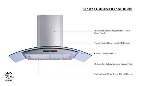 Winflo 30" Wall Mount Stainless Steel/Tempered Glass Convertible Kitchen Range Hood with 450 CFM Air Flow LED Display Touch Control, Aluminum Filters and LED Lights - Thumbnail 3