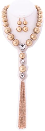 {CN01000 StyleNo1} WOMEN'S FASHIONABLE PEARL N GLASS STONE NECKLACE W CHAIN TASSEL AND EARRINGS SET - Designed In USA (GOLD CLEAR)