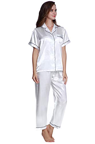 Sunrise Women's Short Sleeve Classtic Satin Pajama Set (X-Large, White with Black Piping)