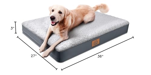 SUNHEIR ORTHOPEDIC DOG BED FOR LARGE DOGS AND EXTRA LARGE DOGS, XL WATERPROOF DOG BED WITH REMOVABLE WASHABLE COVER & ANTI-SLIP BOTTOM, CRATE BED, DELUXE PLUSH PET BED MAT, L-PLUS(36″X27″X3″), GREY