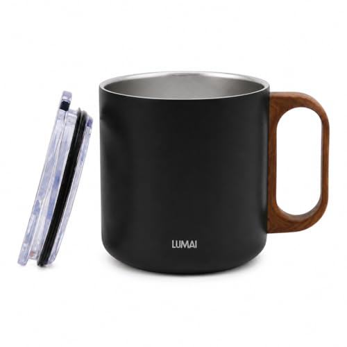 LUMAI Caneca Térmica 350ml Inox com Tampa Antivazamento Premium - Preta | Caneca de Café Caraíva, Aço Inox 304, Parede Dupla com Isolamento Térmico, Alça Estilo Madeira, Bebidas Quentes ou Frias
