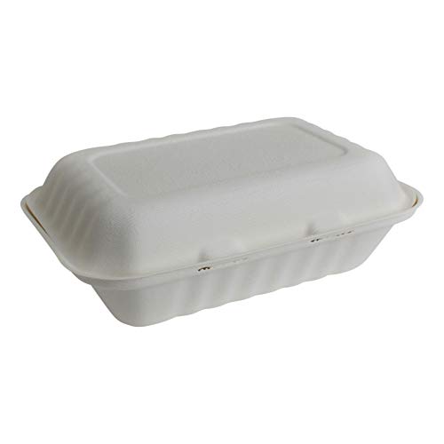 Brheez 9"x6"x3" Take-Out Natural Disposable Clamshell Lid Containers, Biodegradable, Compostable & Chemical Free - Pack of 50