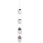 White Ceramic Rope Hanging Planter Set with 4 Flower Pots Plant Containers / Decorative Display Bowls
