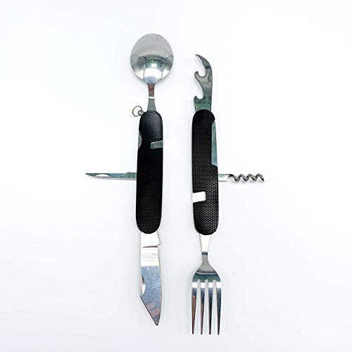 6-in-1 Multi-Function Camping Flatware Utensil Folding Knife Cutlery Detachable Pocket Kits with Carrying Pouch (2 Packs: Black + Green)